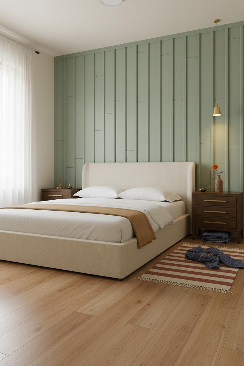 Small Indian Bedroom Sage Green Paneling