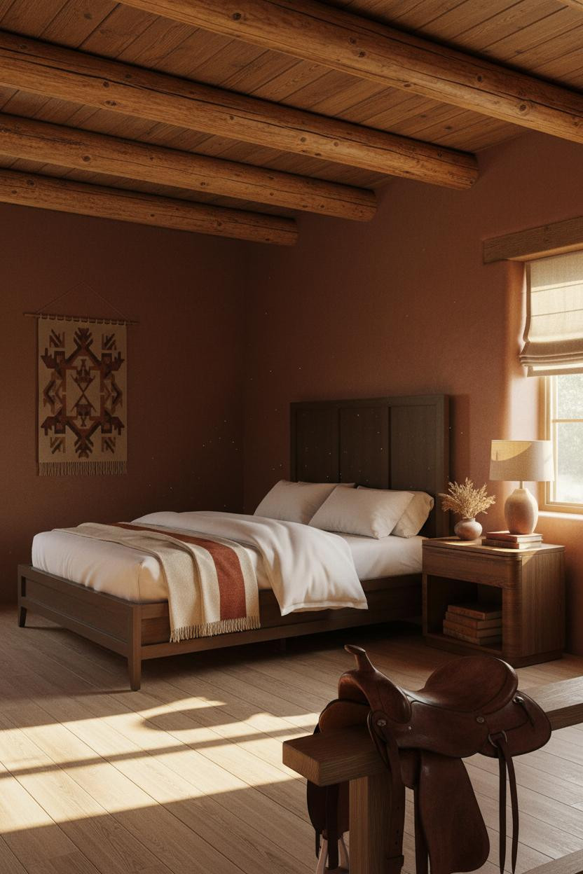 Cozy Western Bedroom Timber Beams Leather
