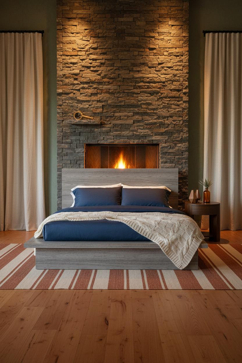 Western Bedroom Stone Fireplace Warm Lighting