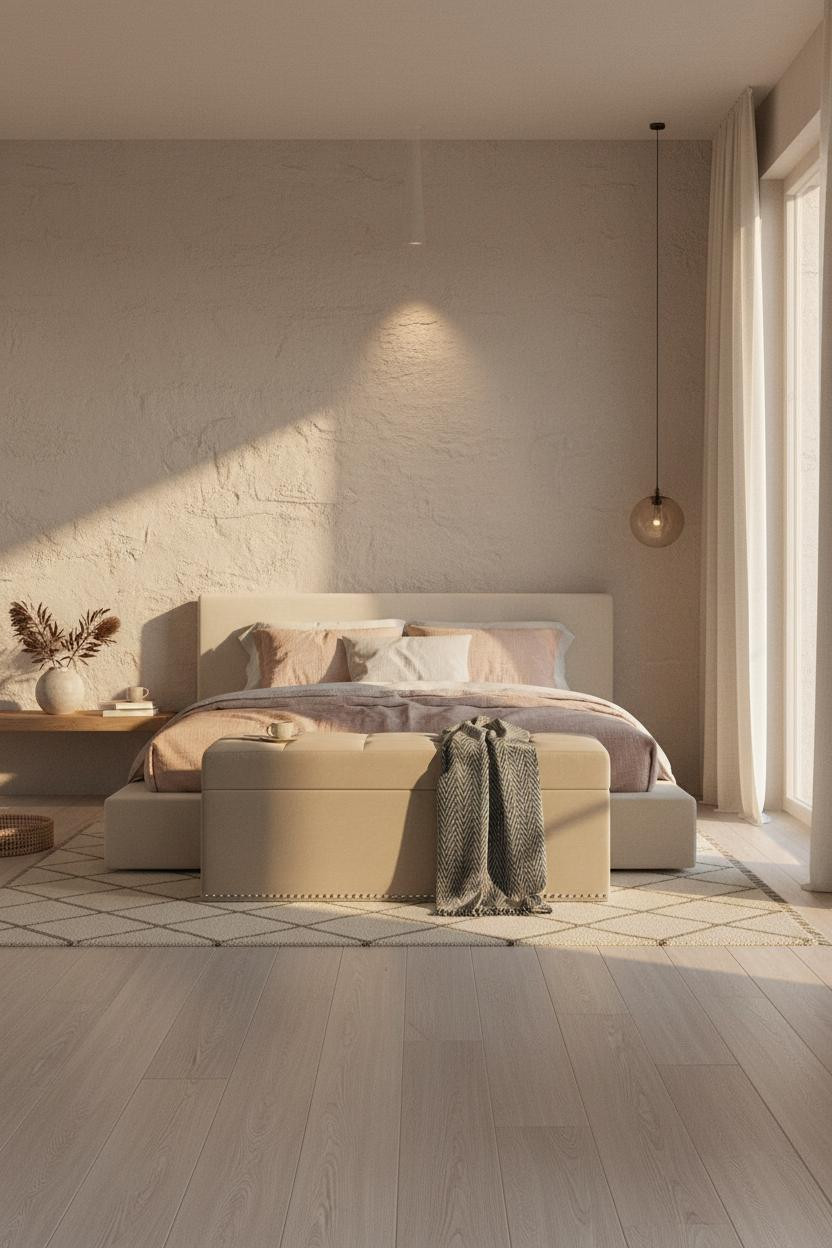 Modern Coastal Bedroom Textured Plaster Natural Light
