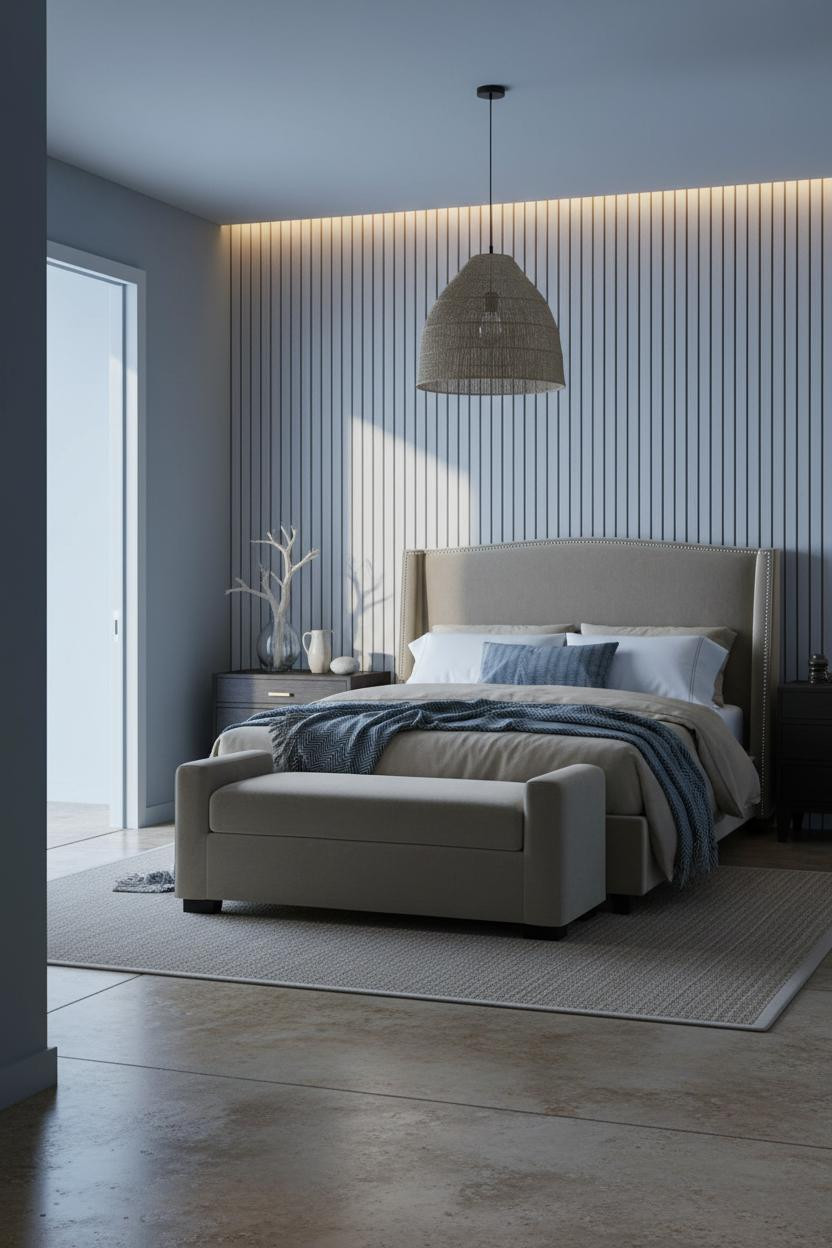 Modern Coastal Bedroom Whitewashed Wood Headboard