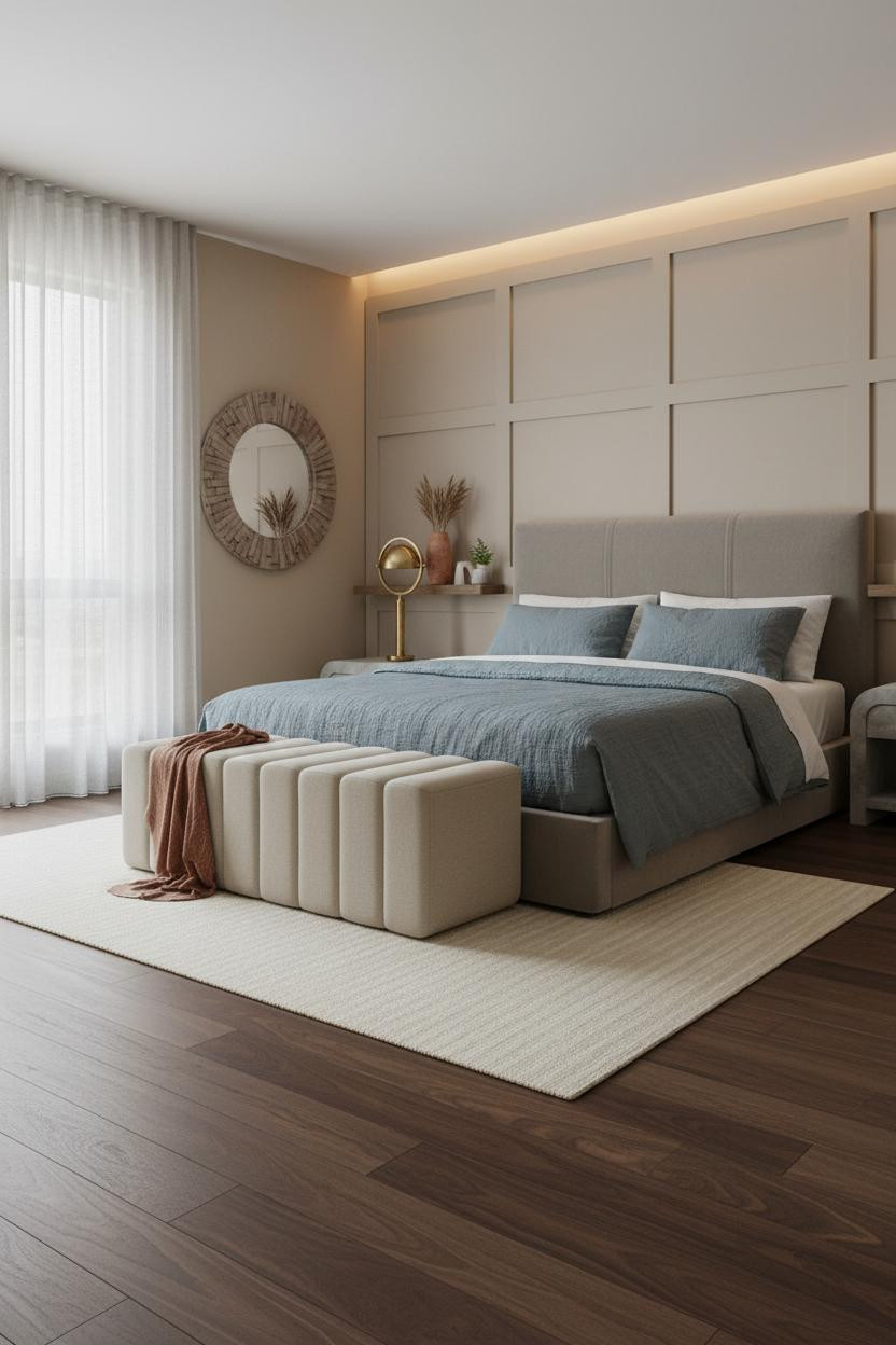 Modern Coastal Bedroom Japandi Wainscoting