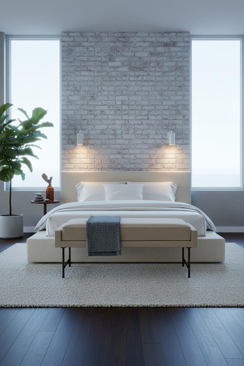 Modern Coastal Bedroom Exposed Brick Master
