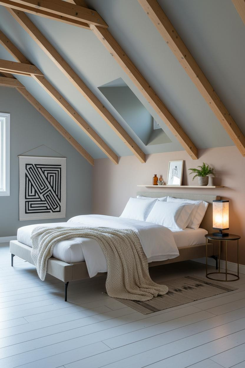 Low Attic Bedroom Slanted Walls Exposed Beams