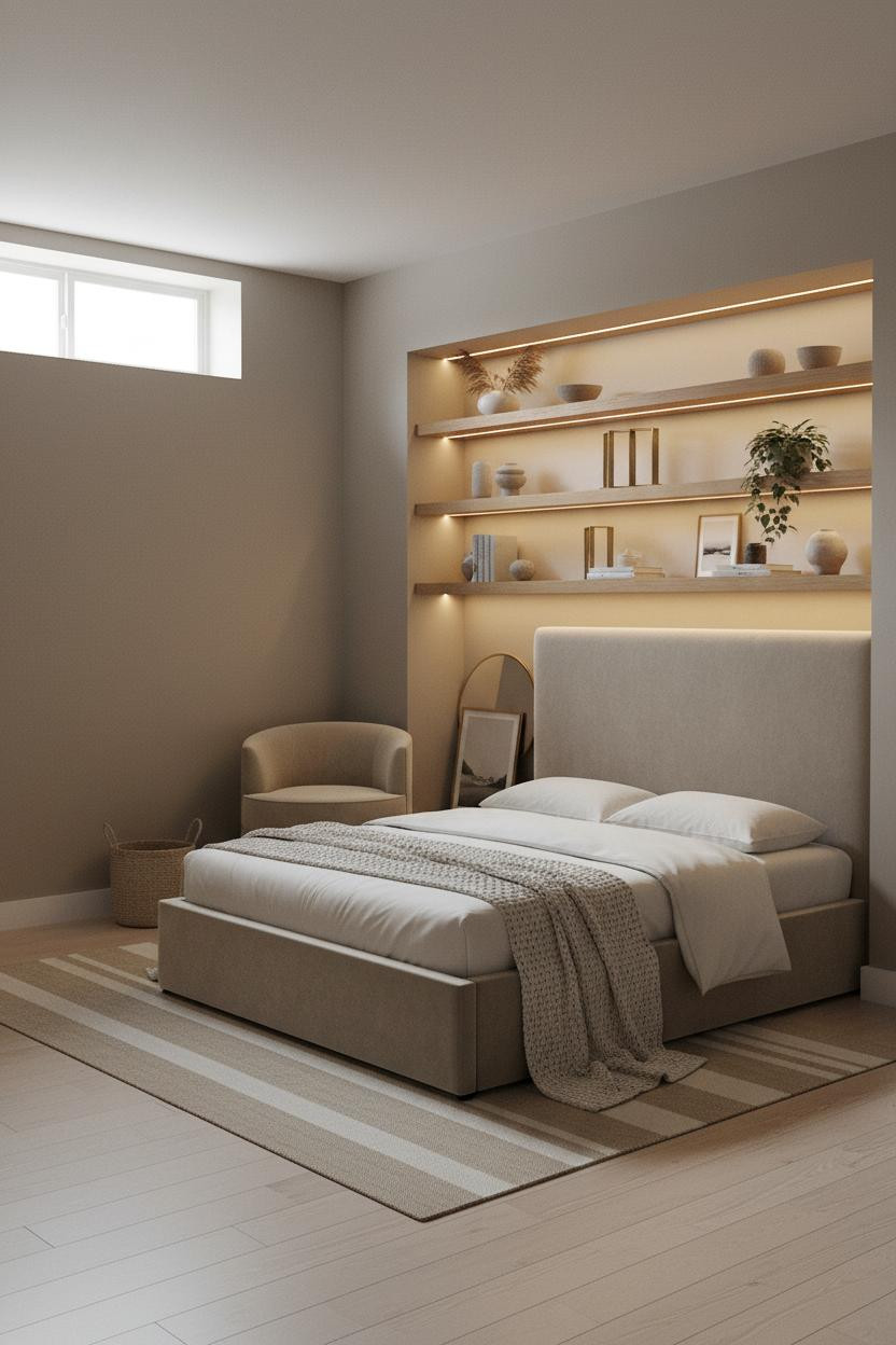 Basement Studio Apartment Floating Shelves Layout