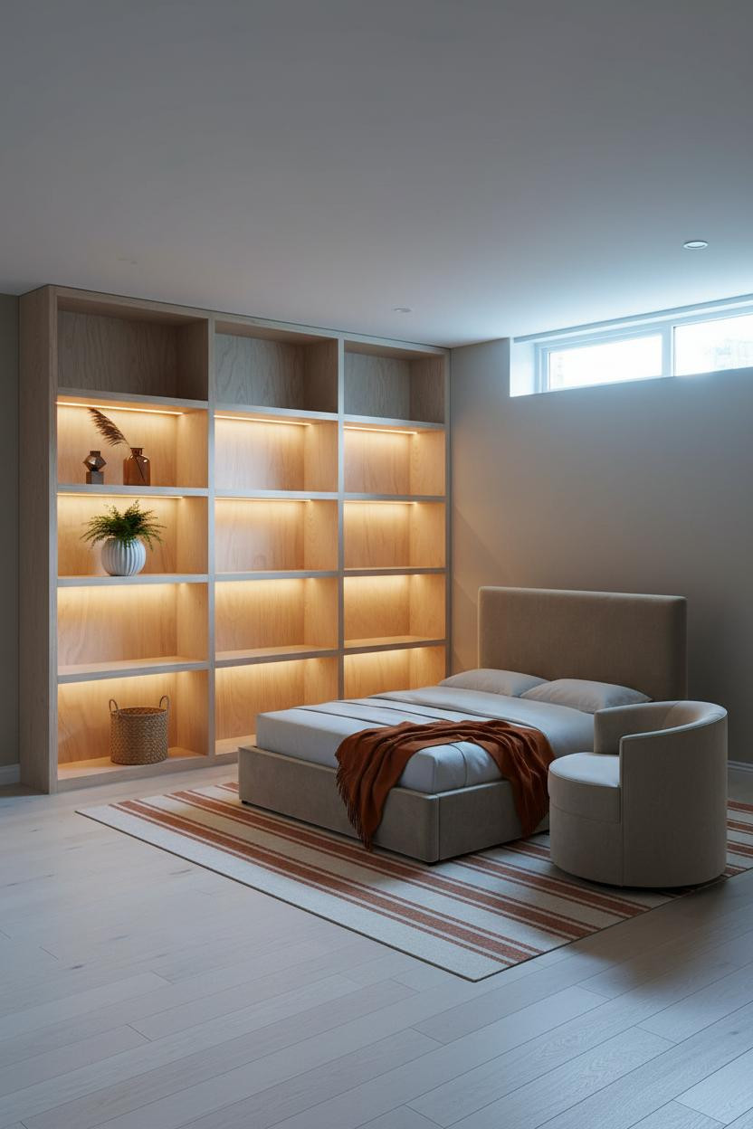 Basement Studio Apartment Built In Shelving