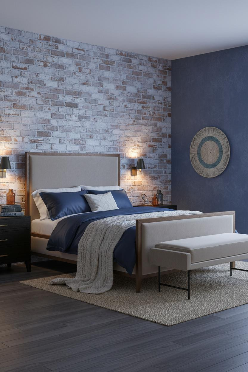 French Blue Bedroom Exposed Brick