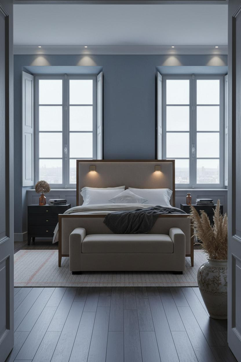 French Blue Bedroom Denim Walls Casement Windows