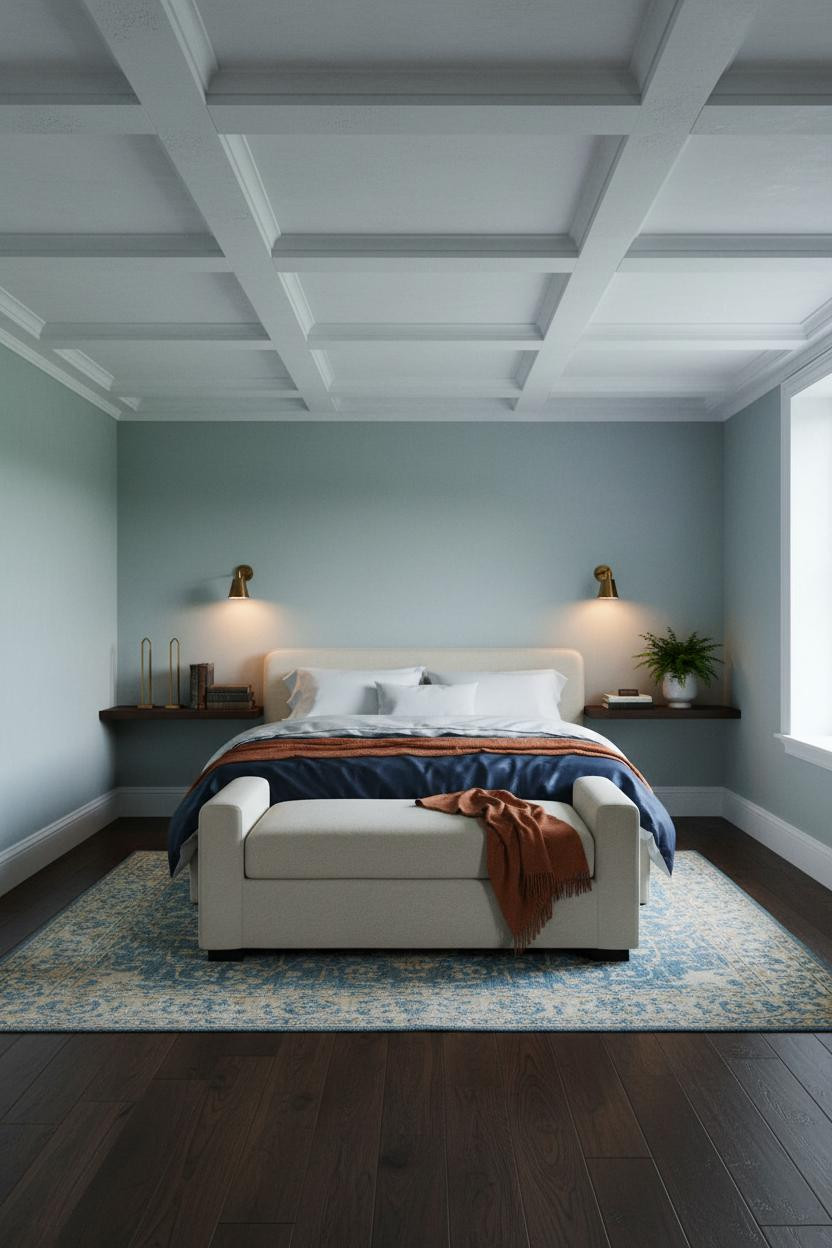 French Blue Bedroom Coffered Ceiling