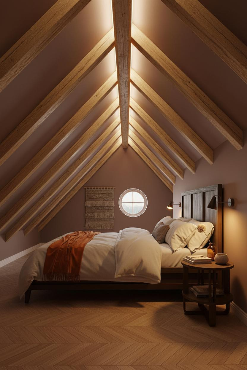 Cozy Attic Bedroom Low Ceiling Warm Lighting