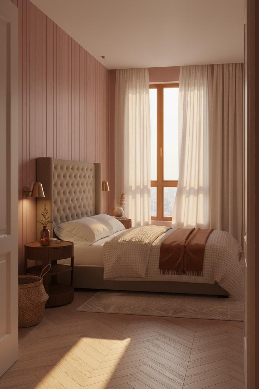 Small Bedroom Couples Japandi Dusty Rose