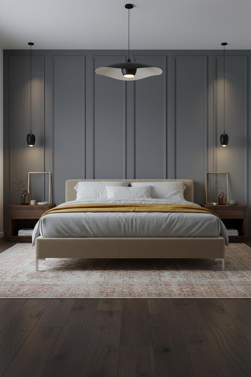 Small Bedroom Couples Grey Paneled Layout