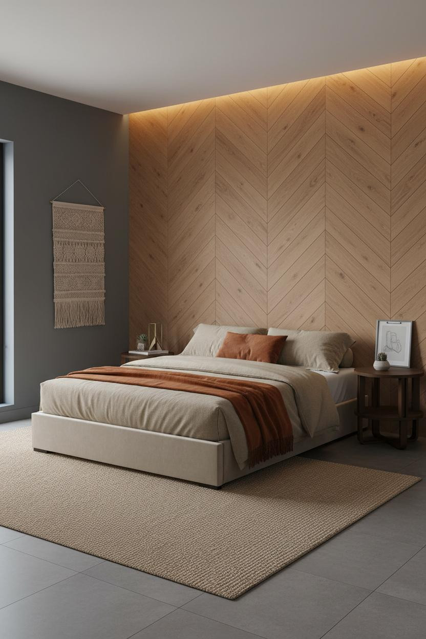 Small Bedroom Couples Herringbone Accent Wall