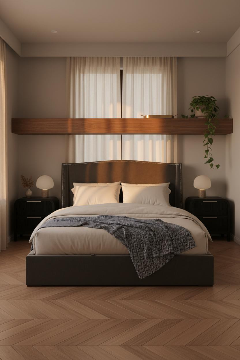 Small Bedroom Couples Floating Shelf Walnut