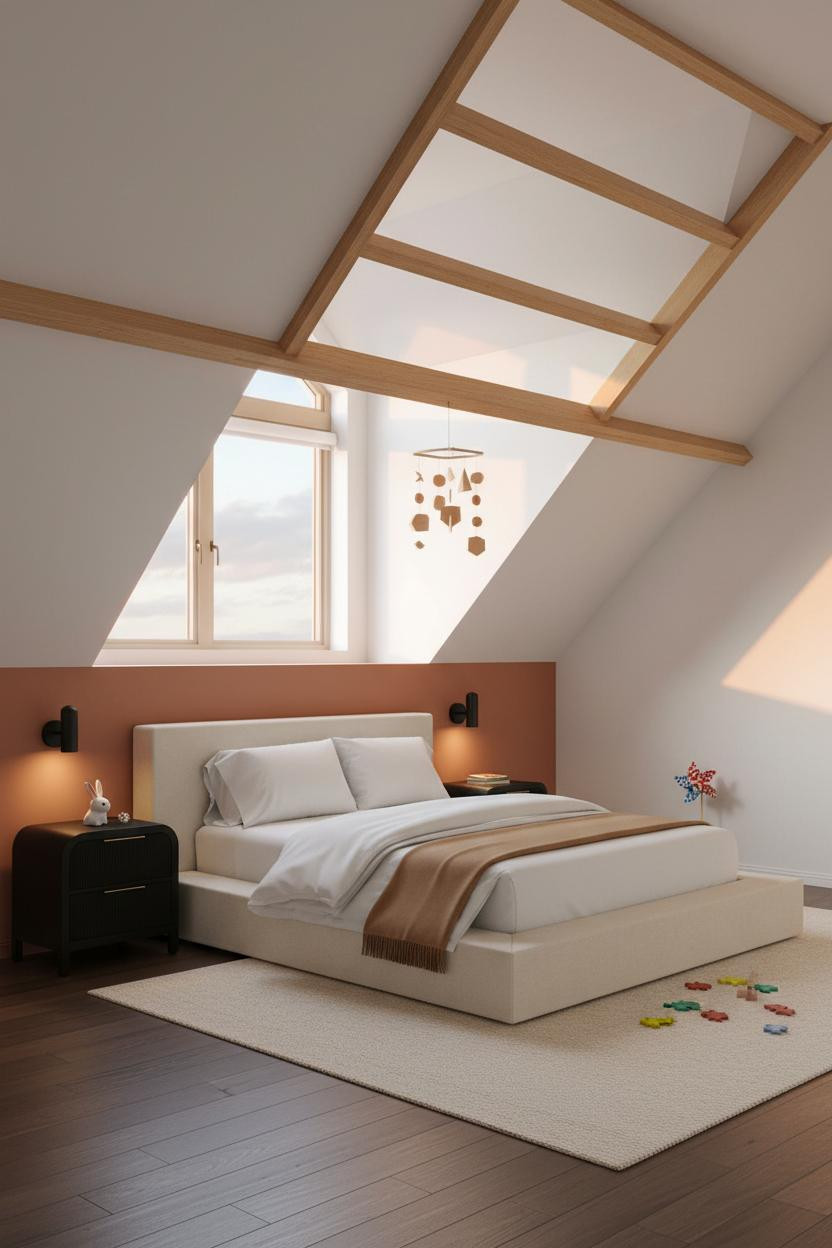 Modern Kids Bedroom Attic Timber Ceiling