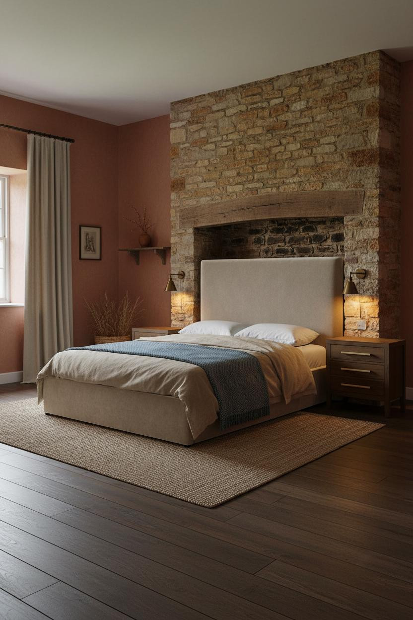 Rustic Cottage Bedroom Stone Fireplace Vintage