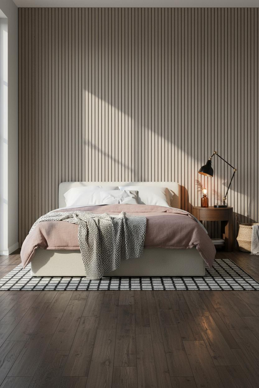Modern Vintage Bedroom Slatted Wood Wall