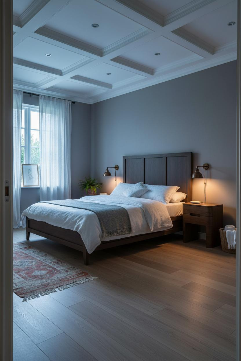 Modern Vintage Bedroom Coffered Ceiling Warm Lighting