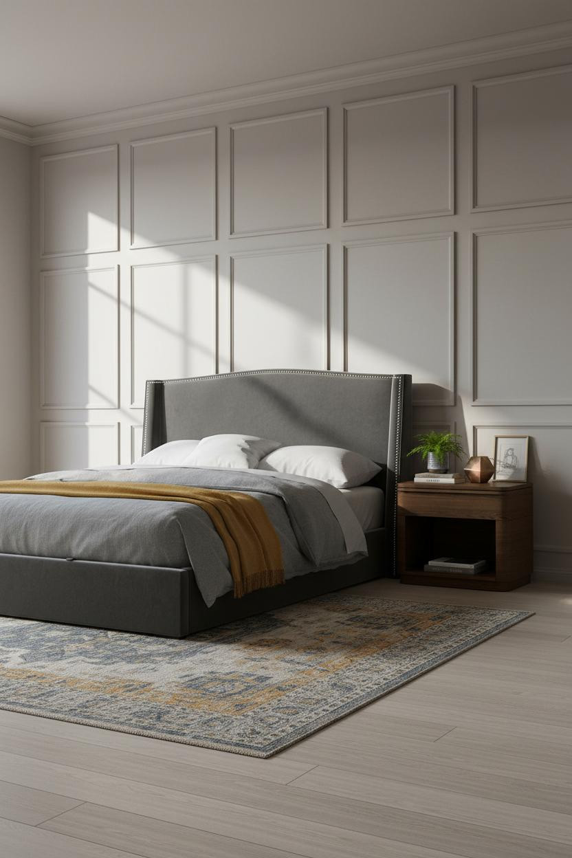 Dark Grey Bed Frame Wainscoting Bedroom