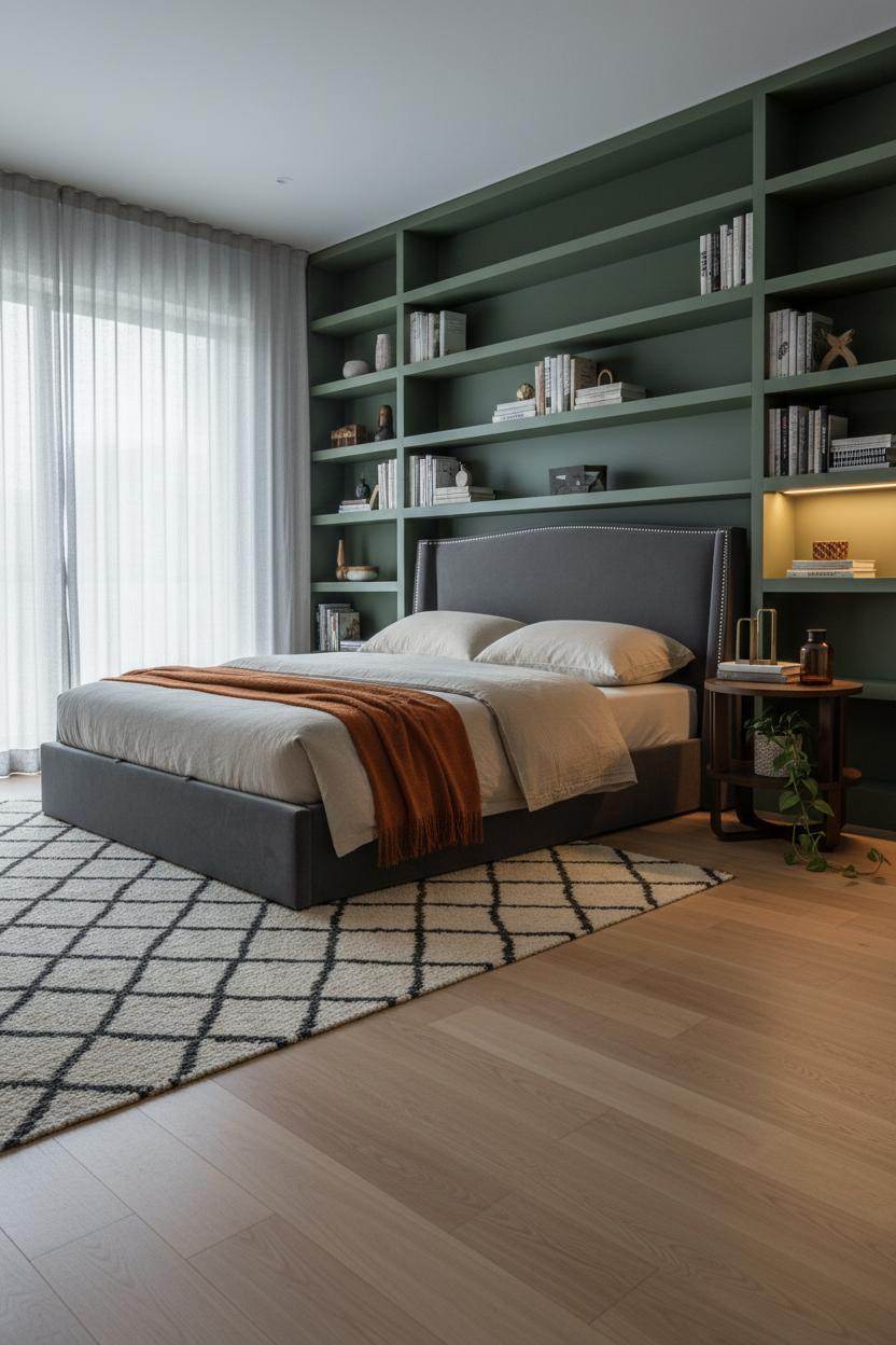 Dark Grey Bed Frame Olive Shelving Bedroom