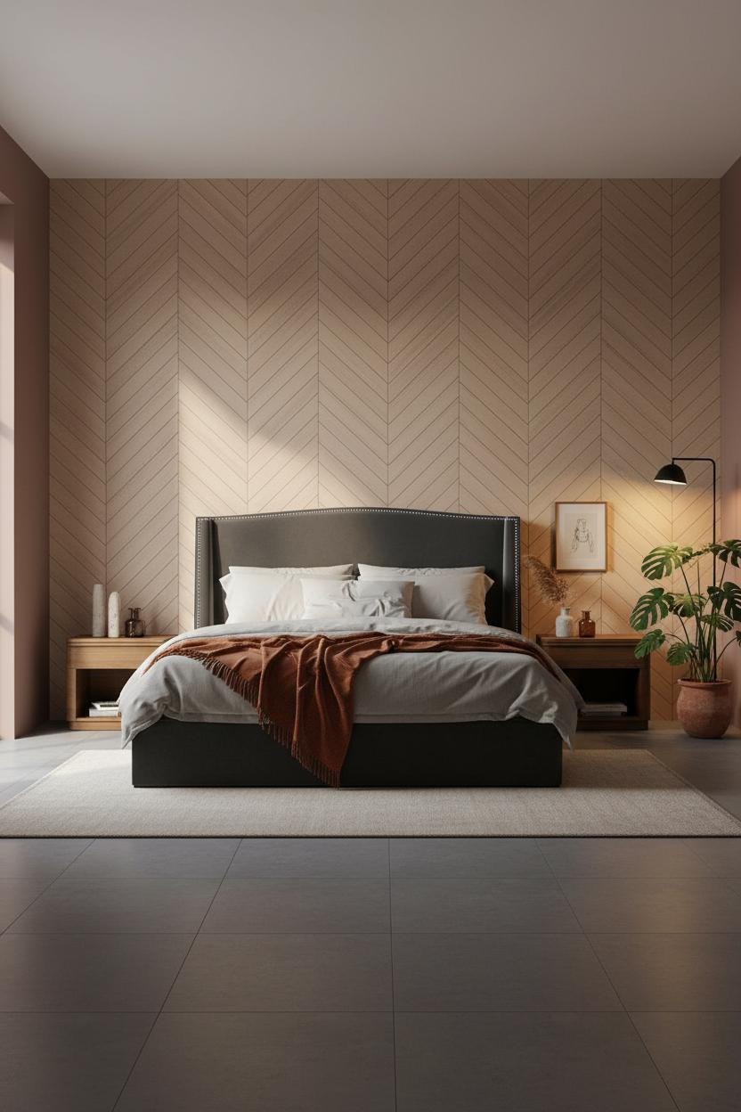Dark Grey Bed Frame Herringbone Accent Wall