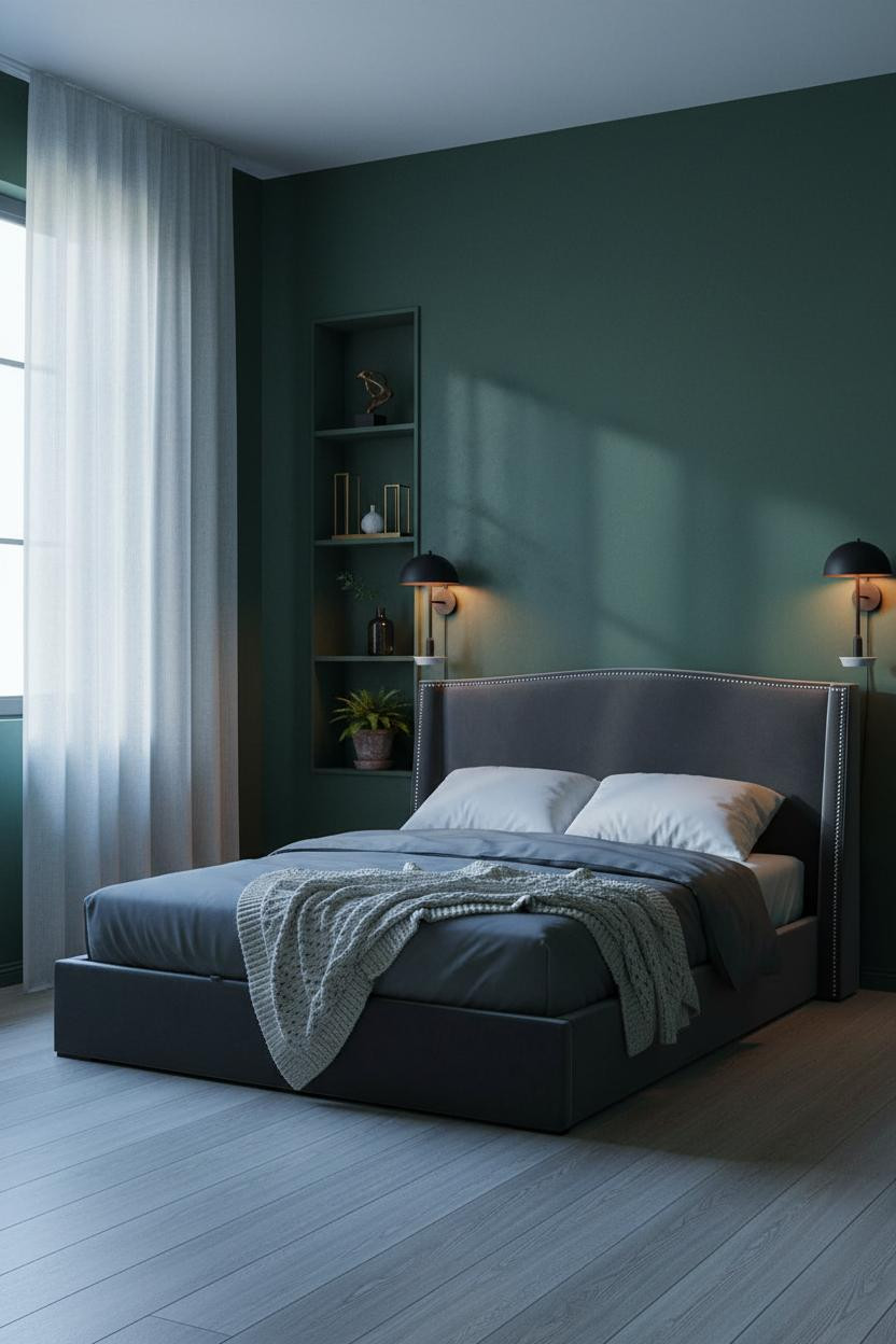 Small Moody Bedroom Dark Green Walls Niche Lamp