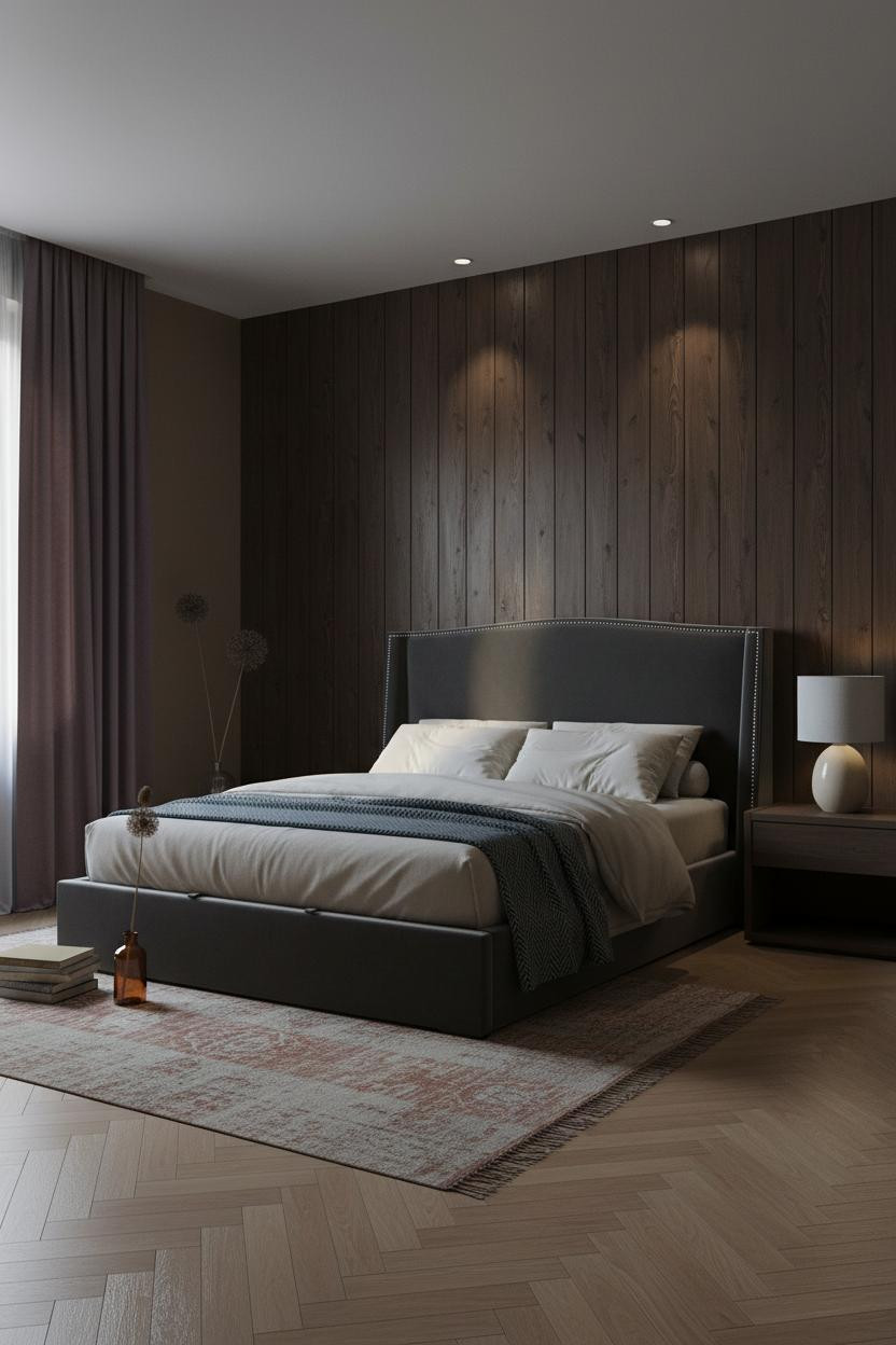 Small Moody Bedroom Dark Walnut Feature Wall
