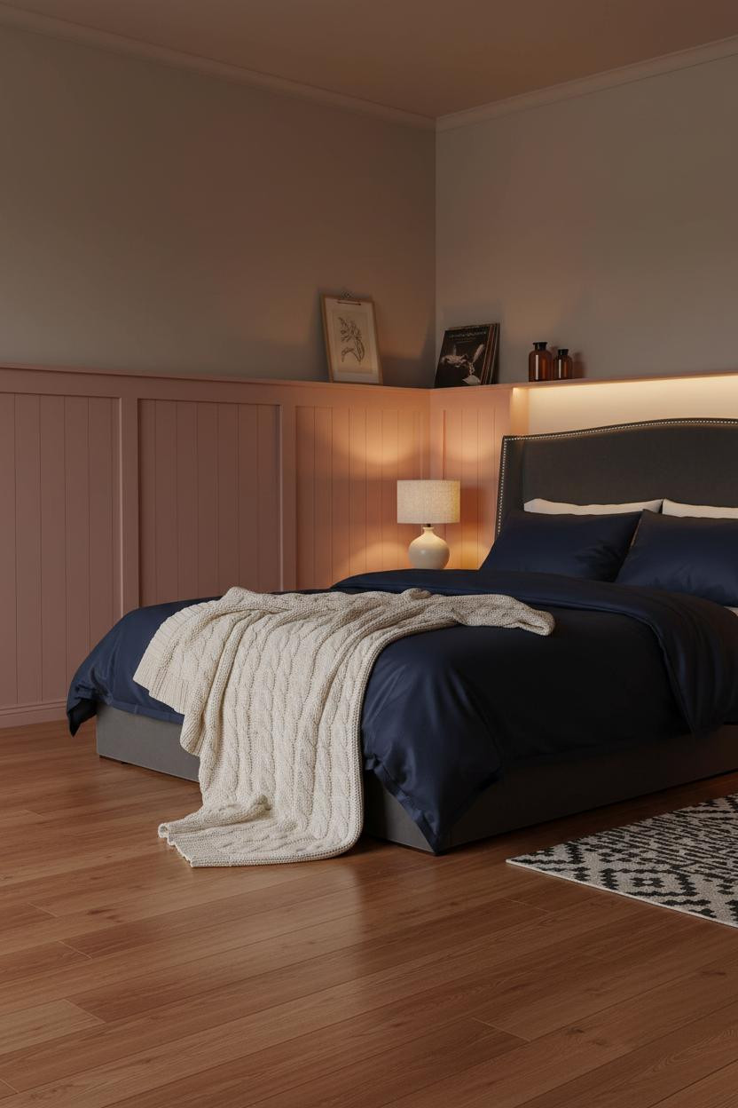 Small Moody Bedroom Dark Cozy Wainscoting Warm Lighting