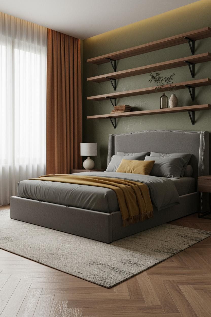 Small Moody Bedroom Dark Green Walls Walnut Shelves Lamp
