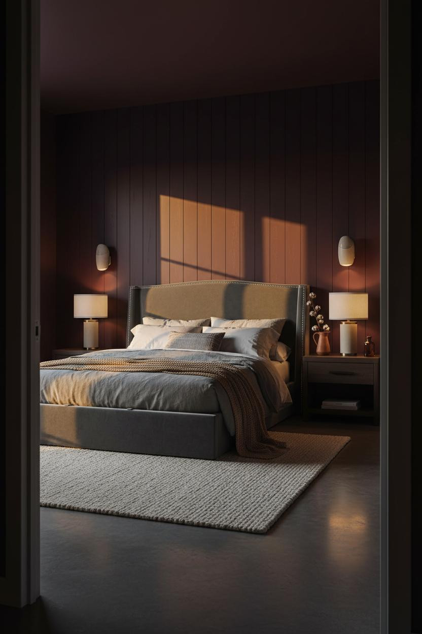 Small Moody Bedroom Dark Burgundy Shiplap Lamp