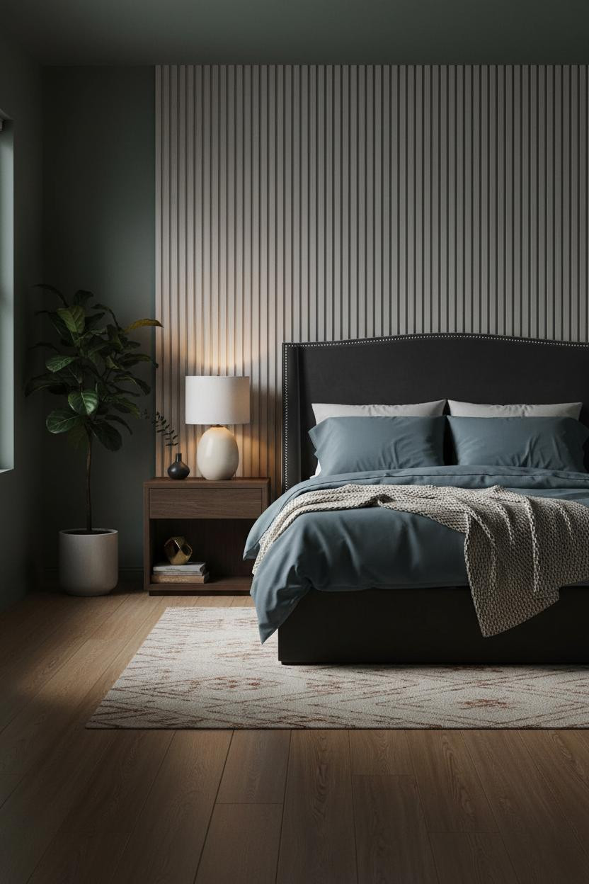 Small Moody Bedroom Dark Wood Paneling Lamp