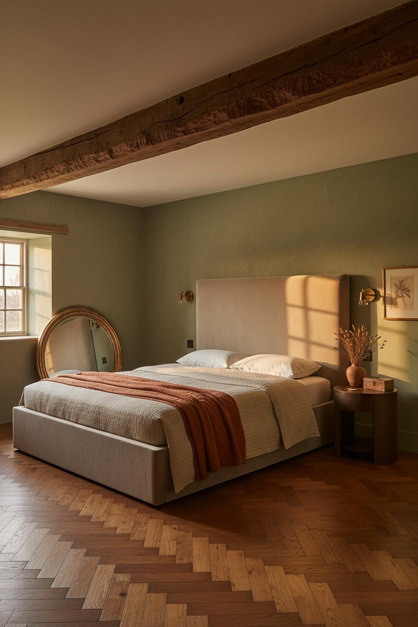 Cottage Bedroom English Country Exposed Beam Moss Green Walls