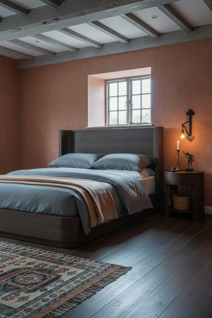 Cottage Bedroom English Country Aged Beams Terracotta Walls