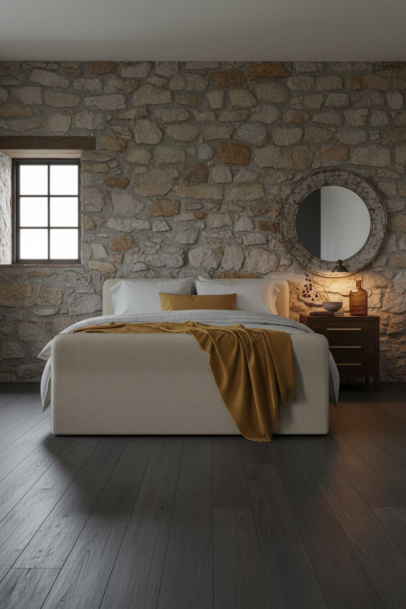 Cottage Bedroom Stone Wall Vintage Iron Mirror Swedish Manor