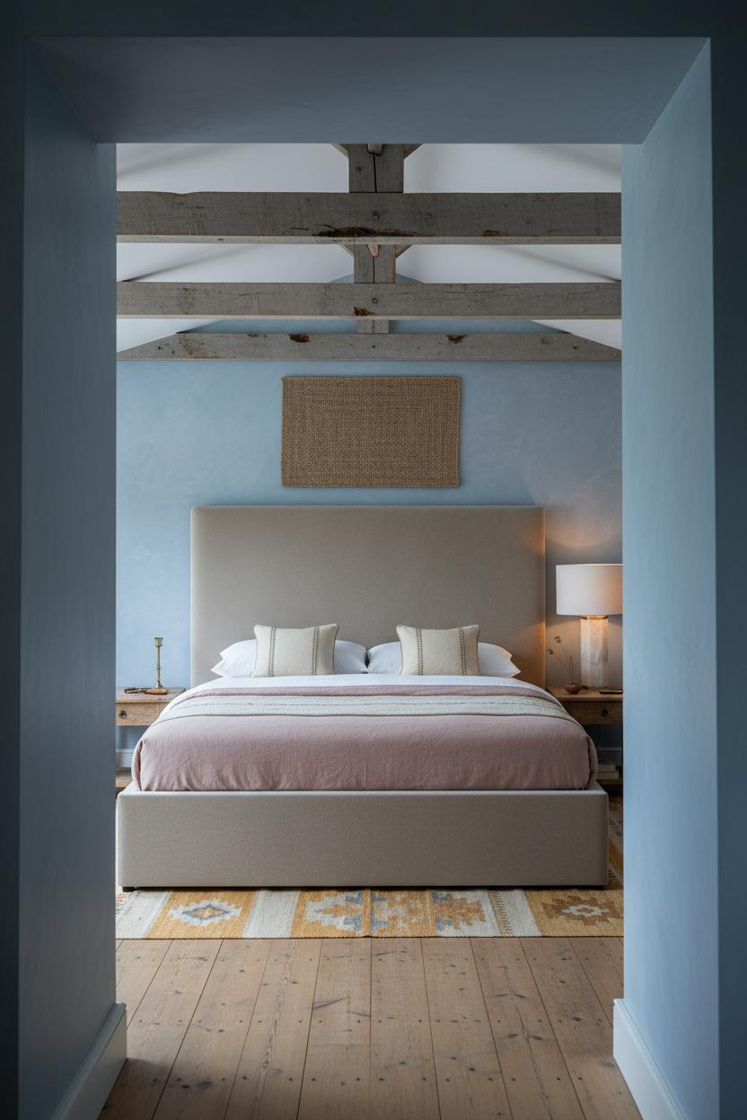 Cottage Bedroom Exposed Beams Rustic Denim Walls