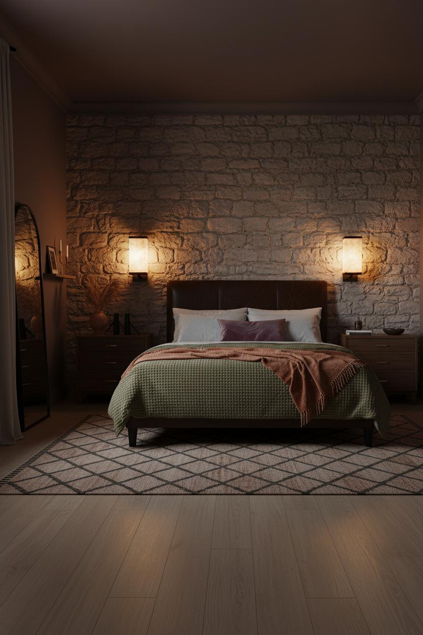 Moody Romantic Bedroom Stone Headwall