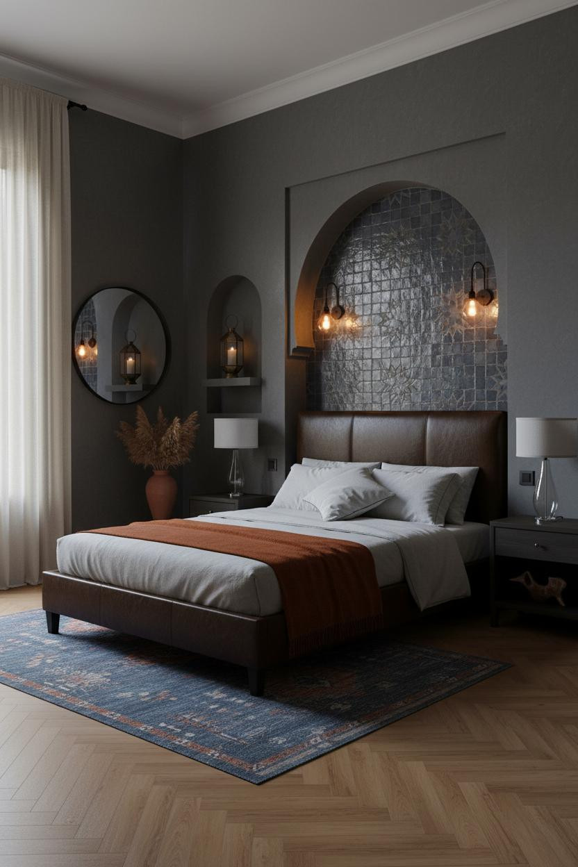 Moody Romantic Bedroom Dark Academia Indigo Tiles