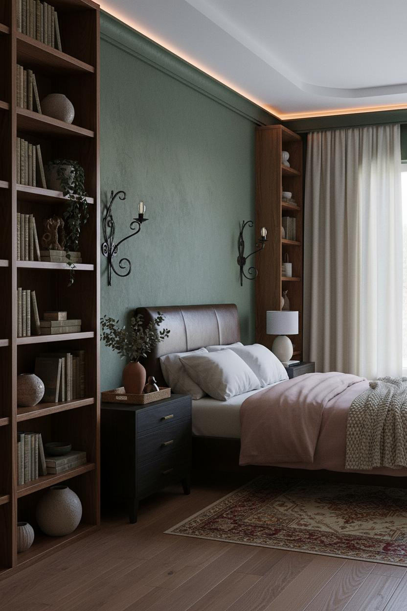 Moody Romantic Bedroom Dark Green Bookshelf