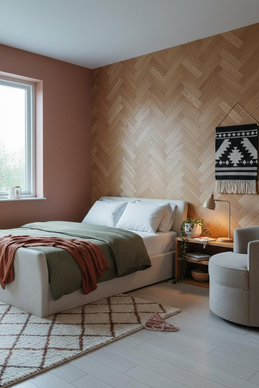 Cozy Teen Bedroom Herringbone Wood Accent Wall
