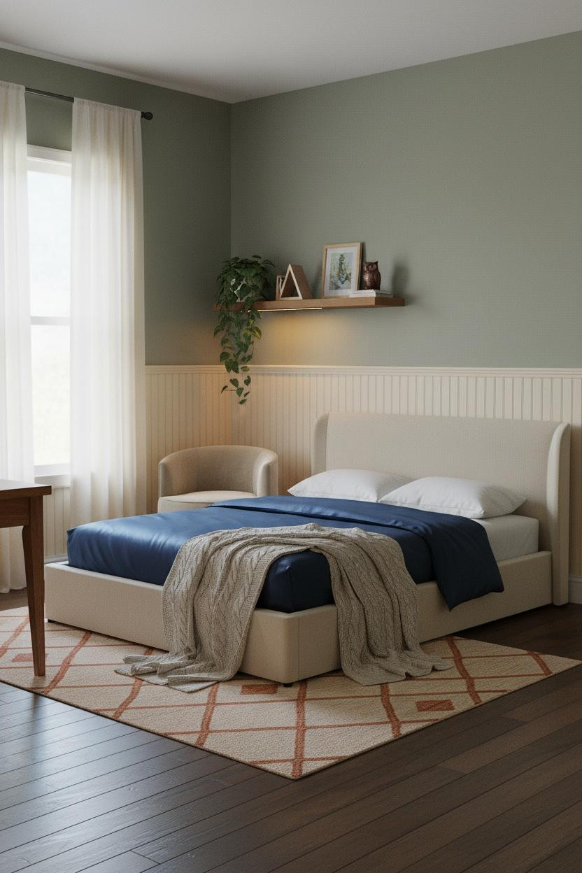 Cozy Teen Bedroom Cream Wainscoting Blue