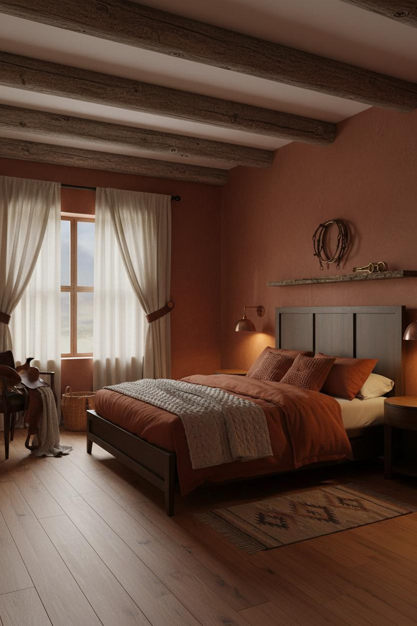 Western Bedroom Moody Wood Beams Rustic