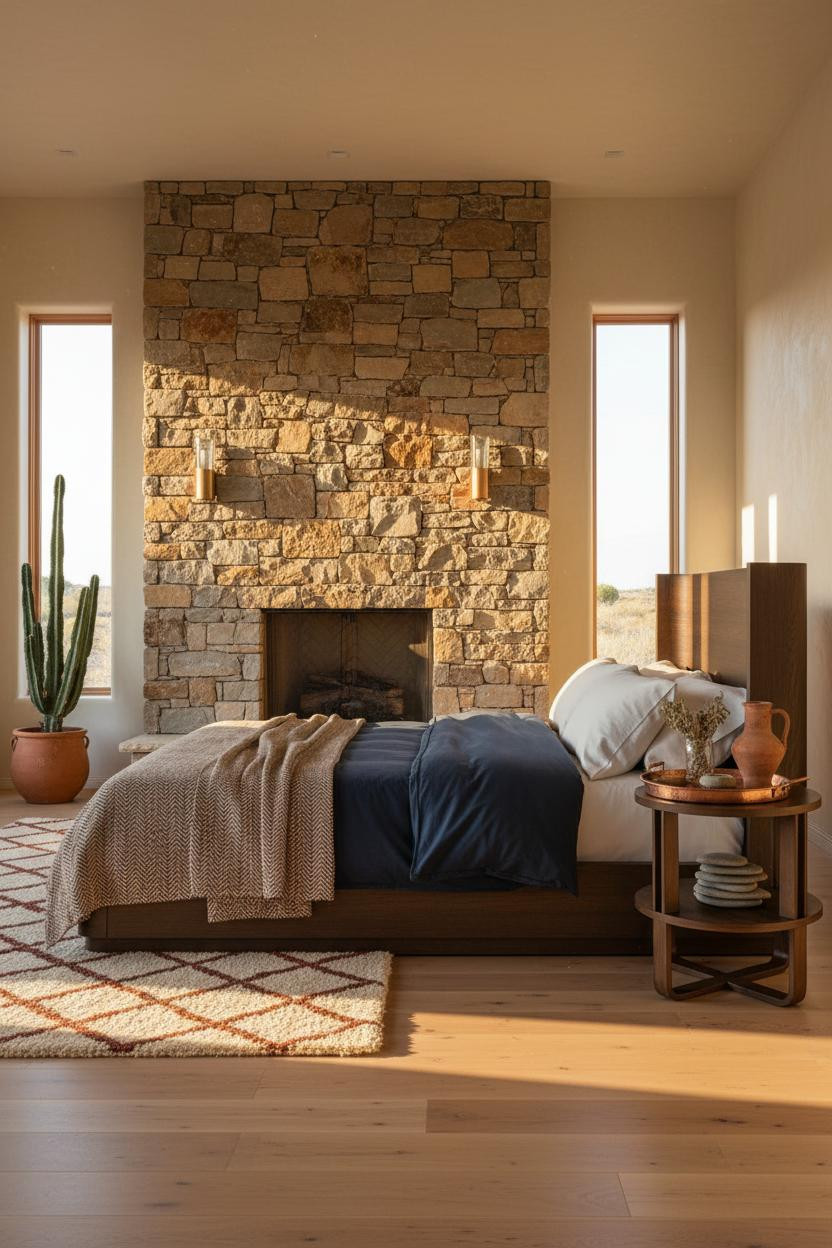 Western Bedroom Stone Fireplace Afternoon Light