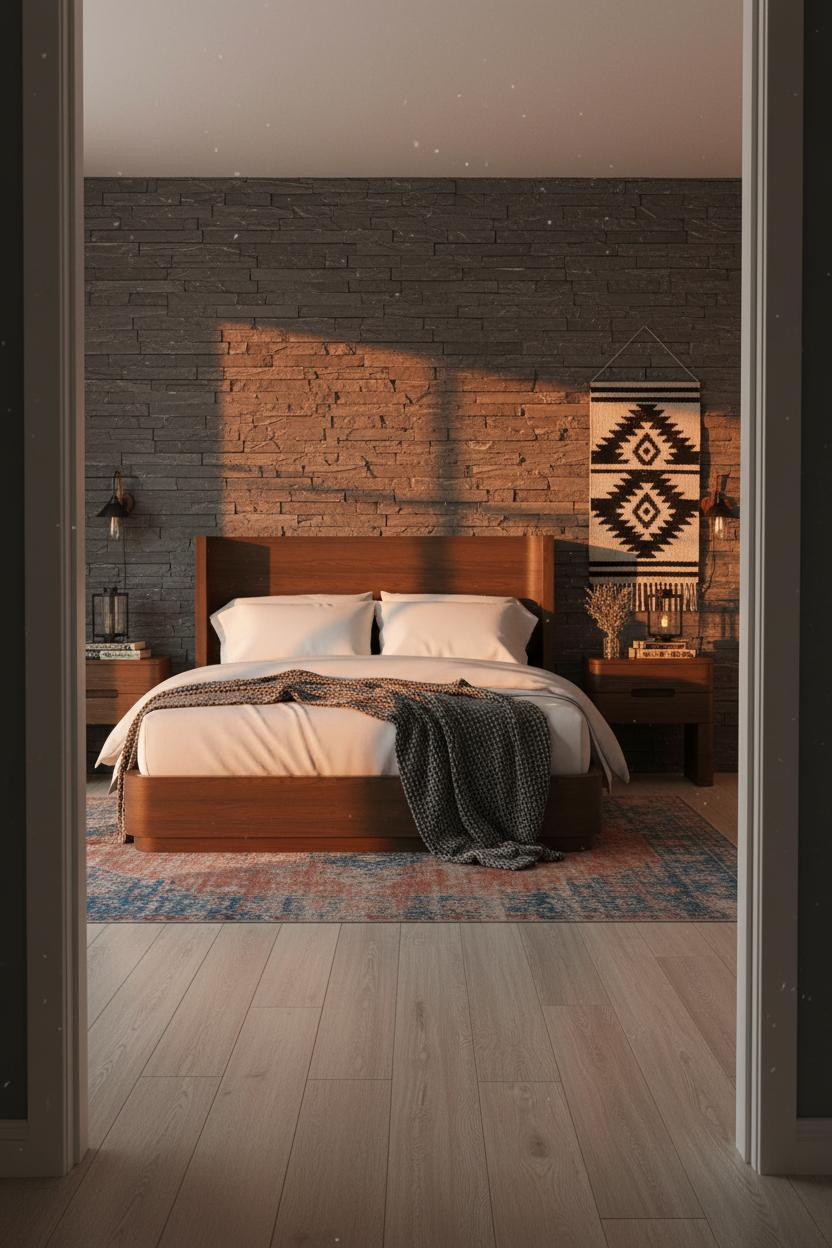 Western Bedroom Stone Accent Wall Rustic
