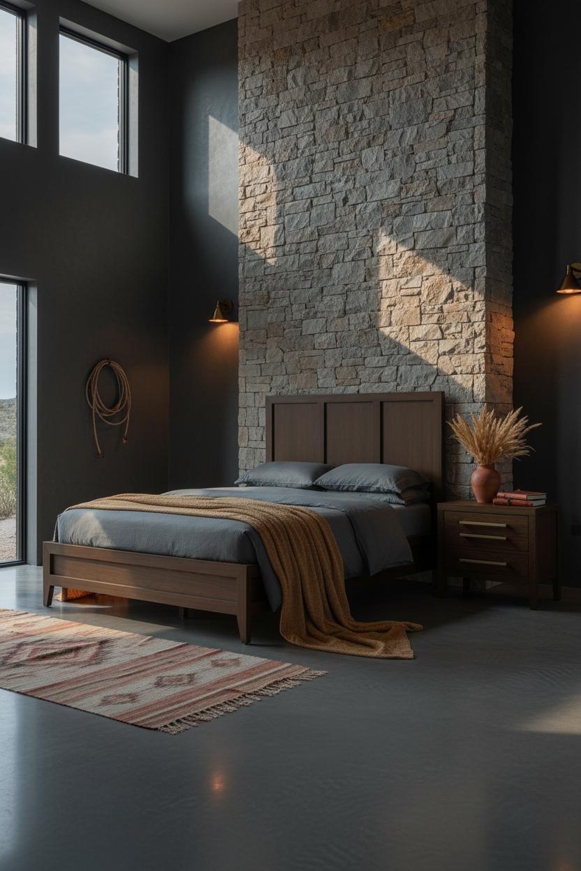 Western Bedroom Limestone Fireplace Desert