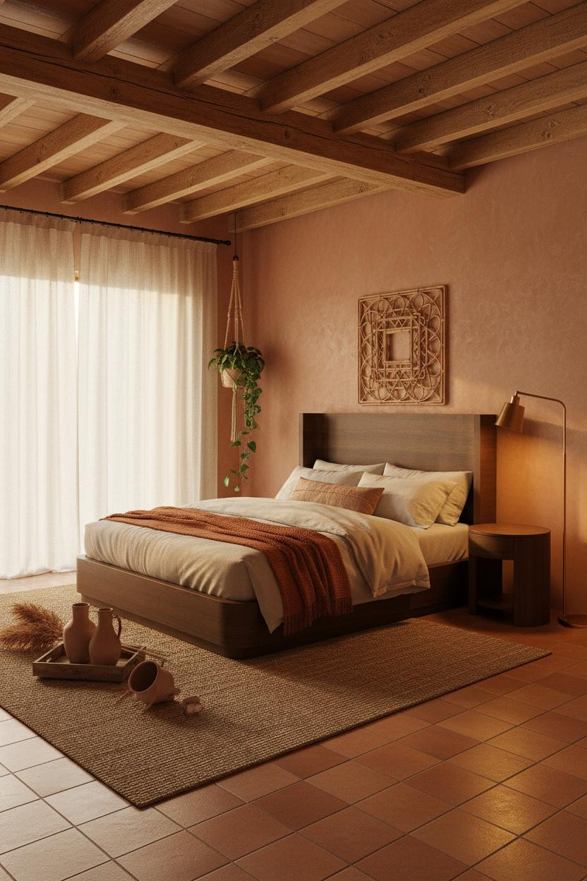 Boho Bedroom Wood Beams Terracotta