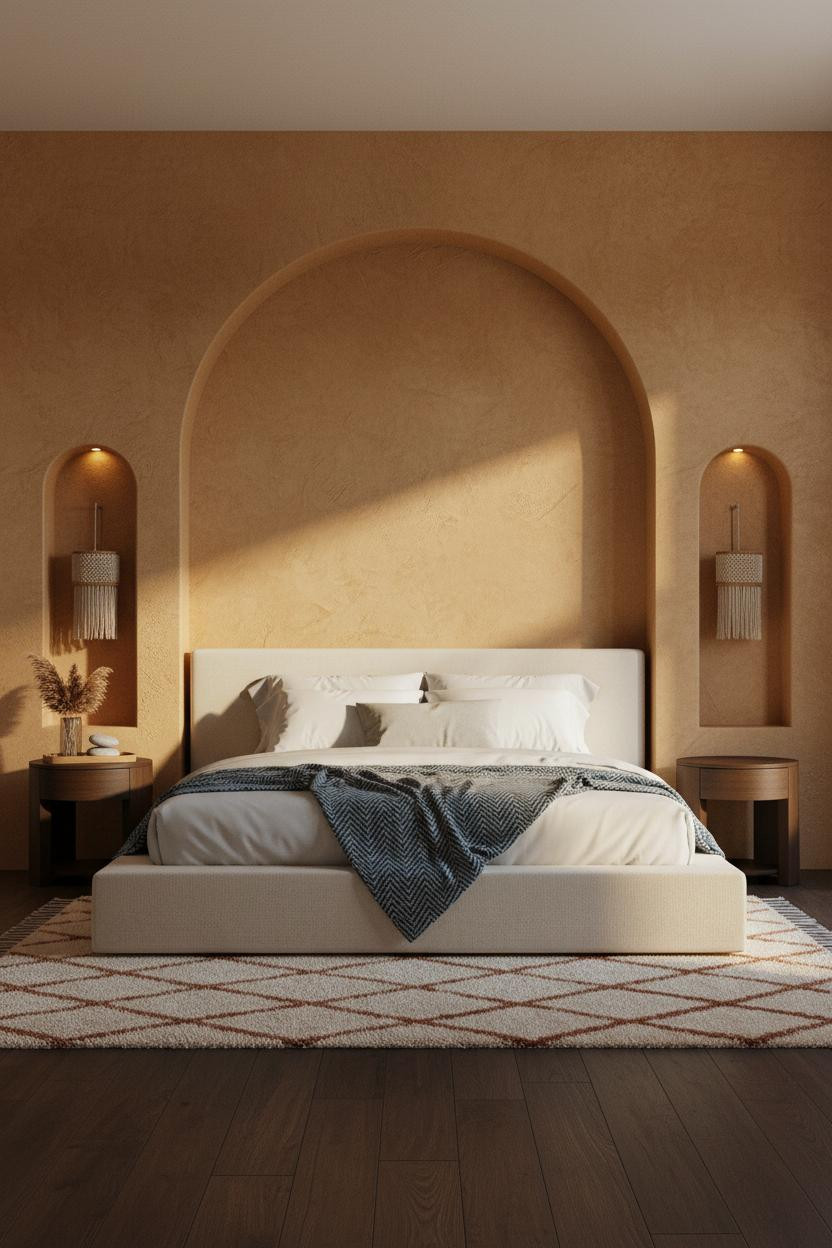Boho Bedroom Ochre Plaster Walnut Floor