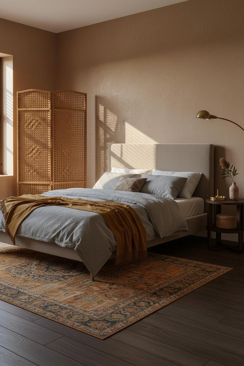 Boho Bedroom Rattan Screen Earthy