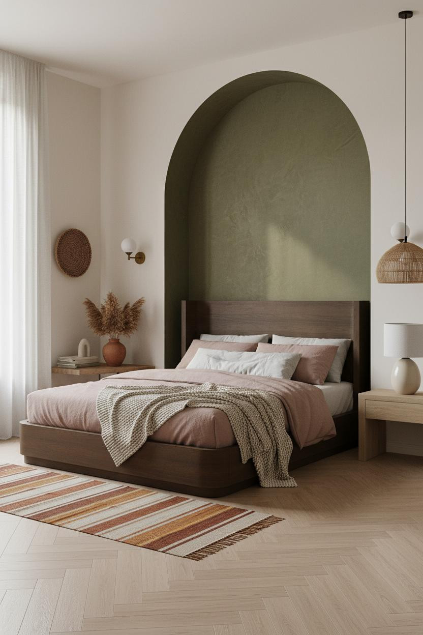 Cozy Boho Bedroom Moss Green Accent Wall