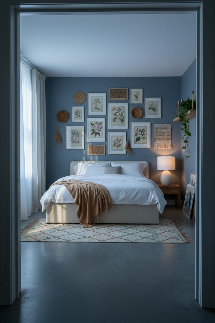 Cozy Boho Bedroom Earthy Indigo Gallery Wall