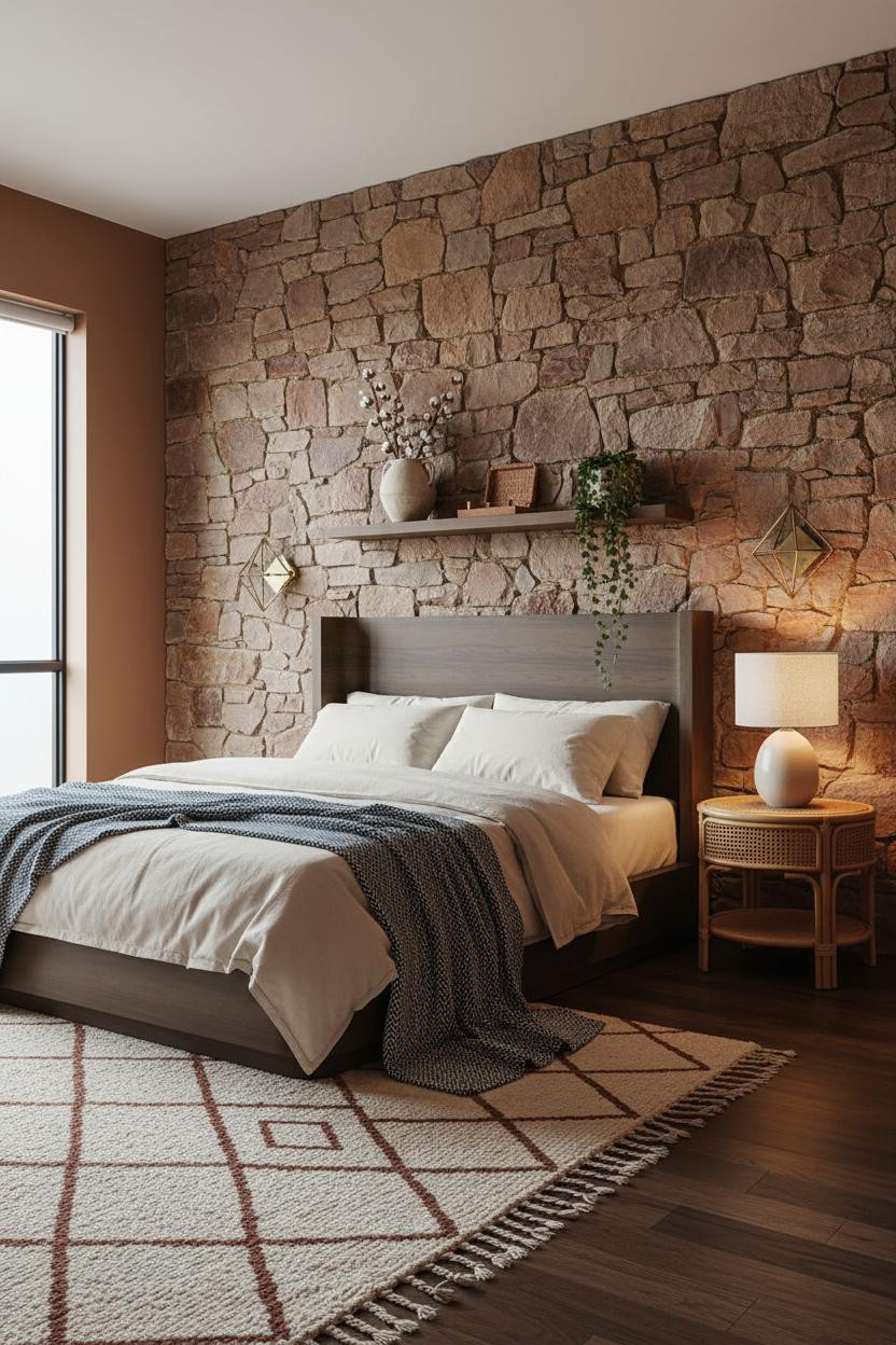 Cozy Boho Bedroom Stone Accent Wall